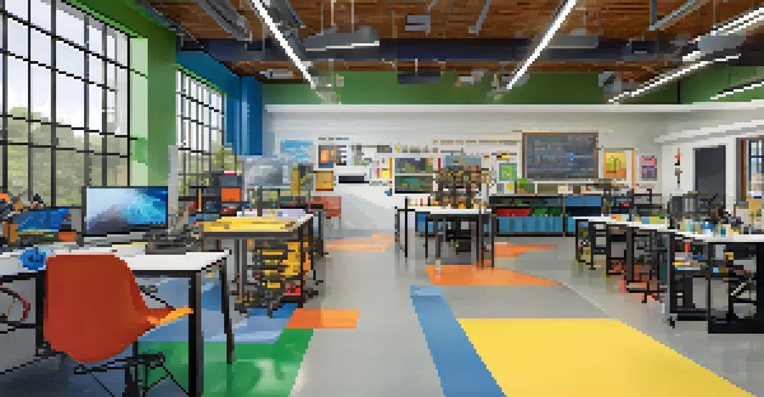 A vibrant maker space with students engaging in robotics and 3D printing, surrounded by colorful educational tools and materials.