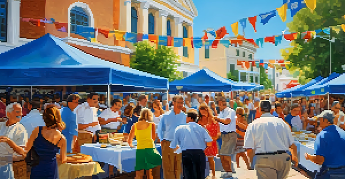 A festive scene at the Greek Festival in Charlotte, featuring food stalls, dancers, and musicians, with a church in the background.