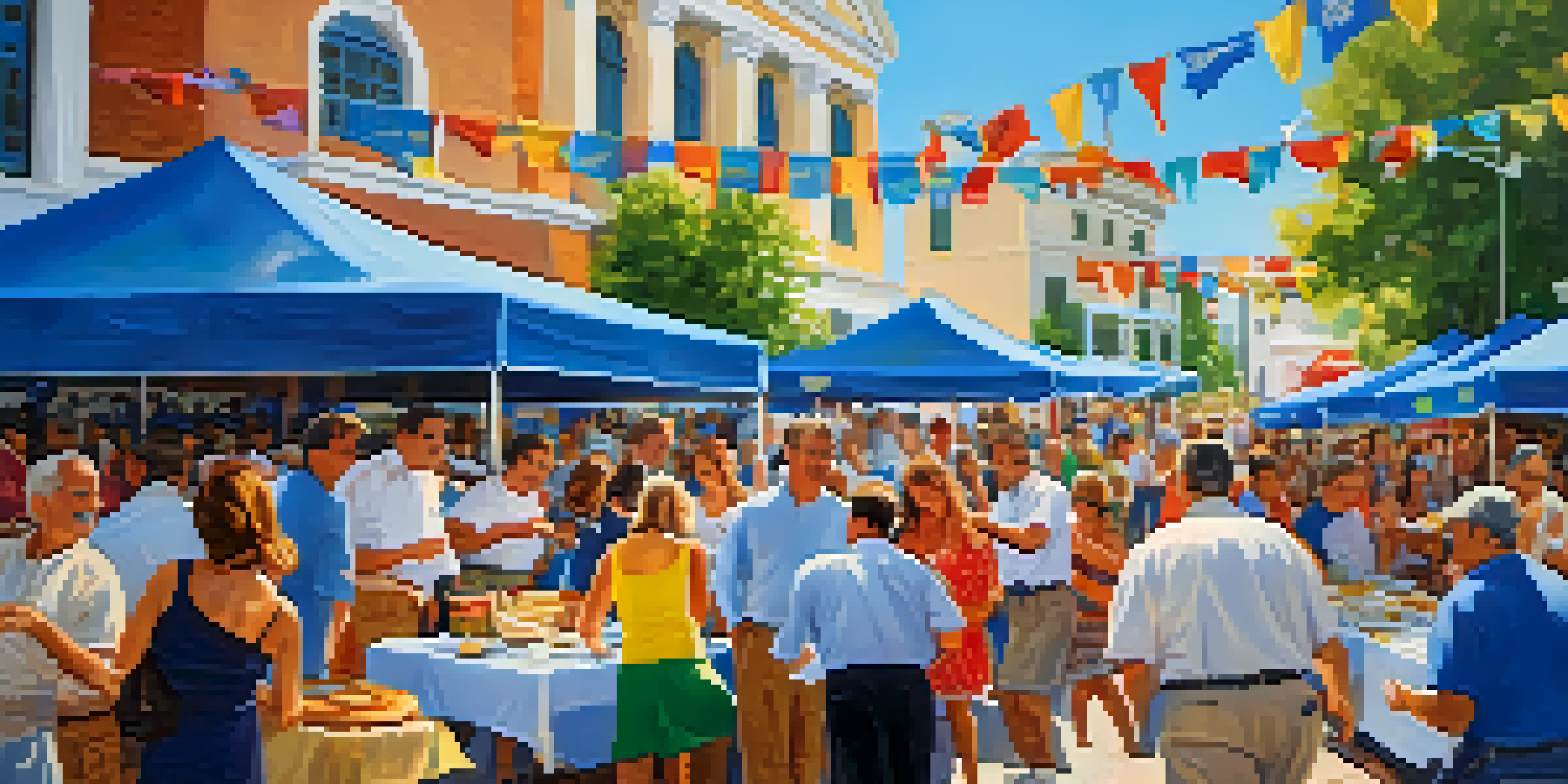 A festive scene at the Greek Festival in Charlotte, featuring food stalls, dancers, and musicians, with a church in the background.