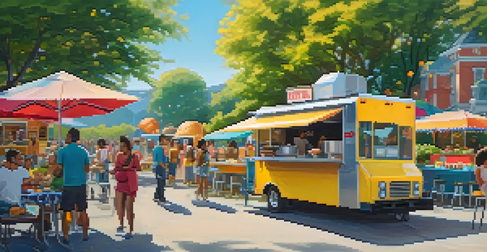 A lively street scene with colorful food trucks offering various international cuisines, people dining at picnic tables under string lights.