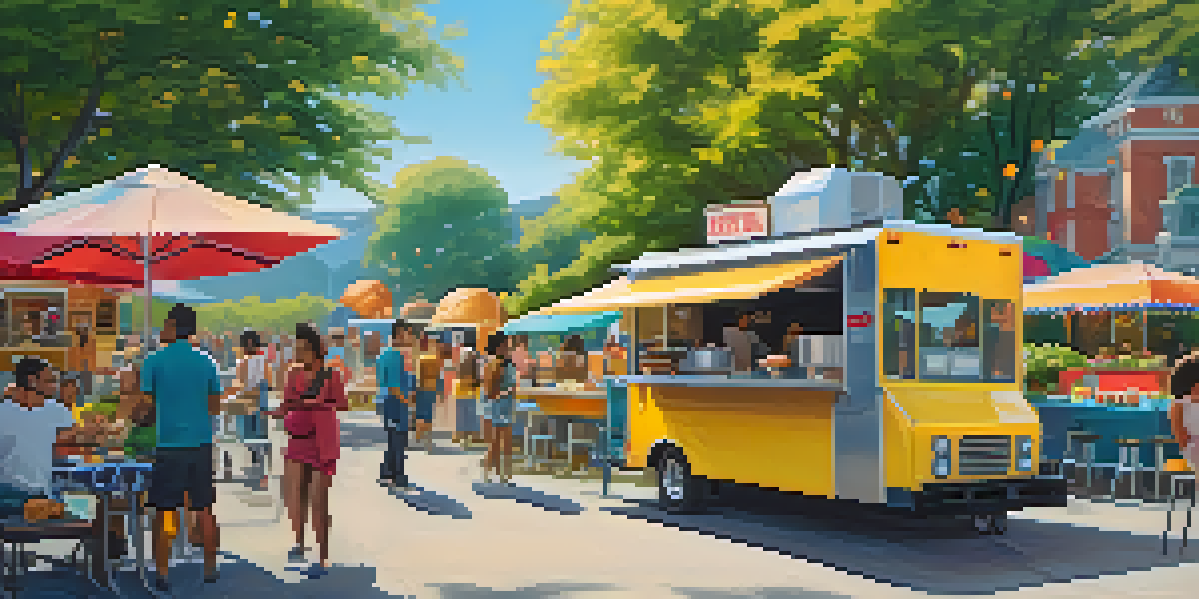 A lively street scene with colorful food trucks offering various international cuisines, people dining at picnic tables under string lights.