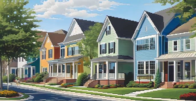 A modern suburban neighborhood in Charlotte with a mix of new homes and green spaces, families enjoying outdoor activities, and clear skies.