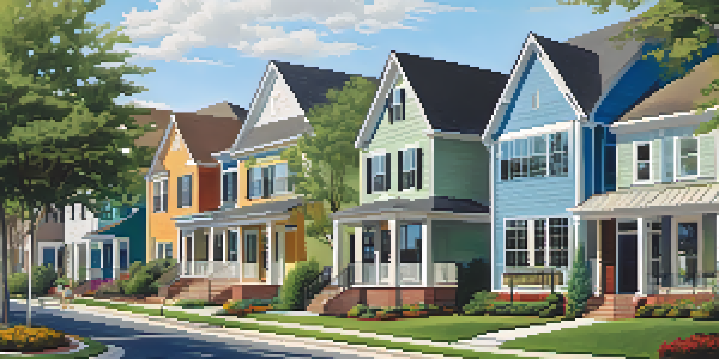 A modern suburban neighborhood in Charlotte with a mix of new homes and green spaces, families enjoying outdoor activities, and clear skies.