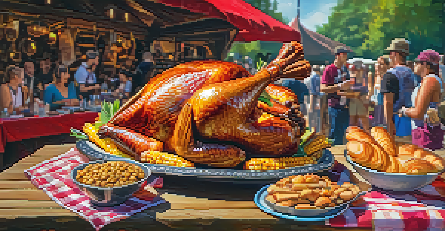 A tempting display of festival food at the Carolina Renaissance Festival, featuring a turkey leg, roasted corn, and sweet pastries on a wooden table.