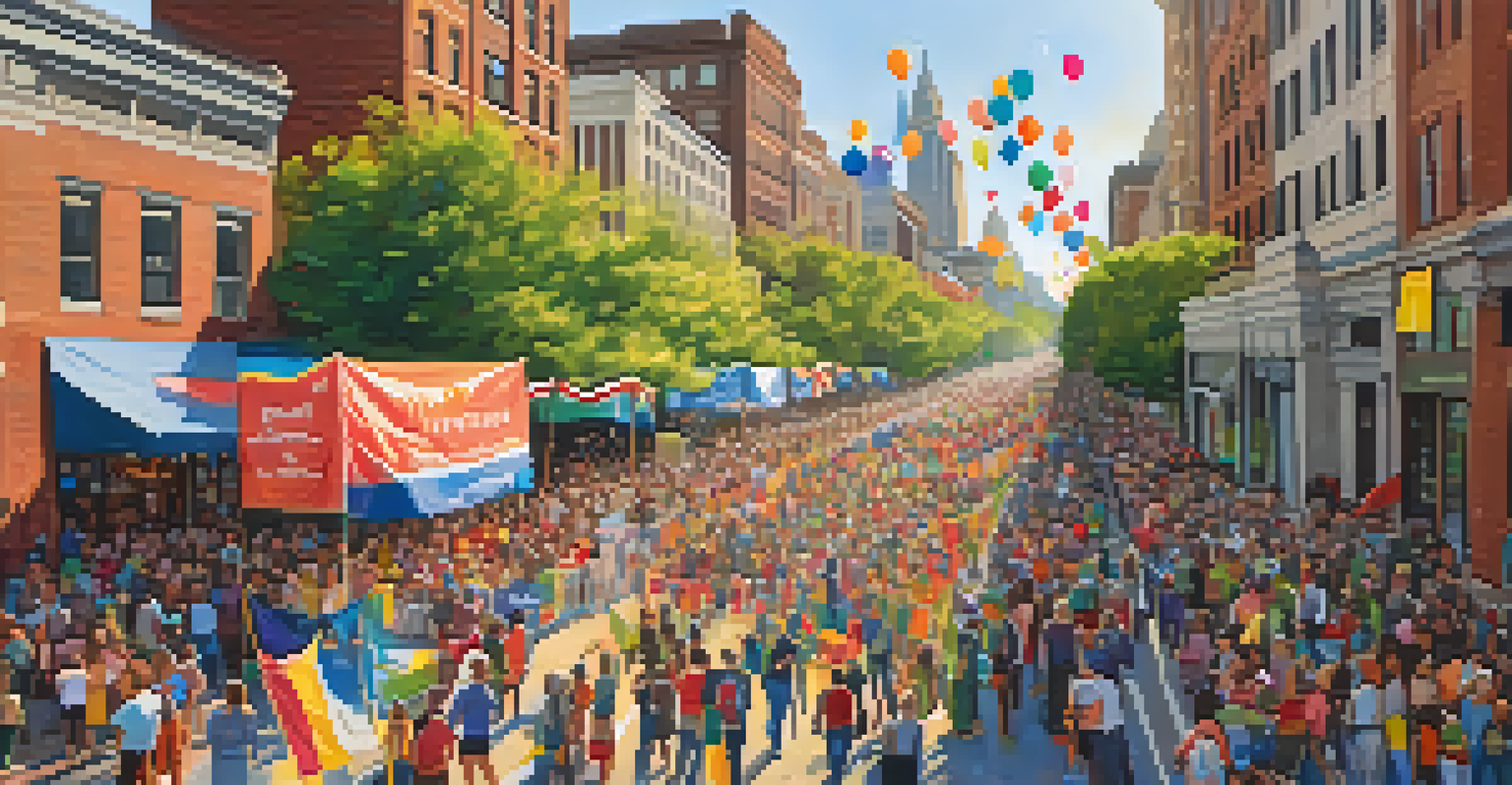 An aerial view of a lively Charlotte street filled with spectators and participants enjoying a parade during golden hour.