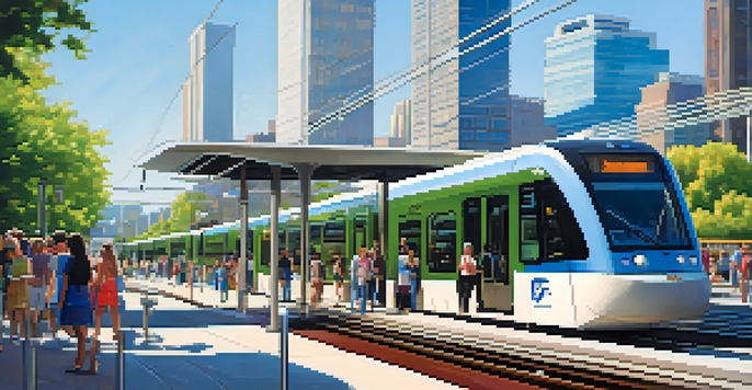 A bright city view with a modern light rail train and passengers at a transit station, surrounded by greenery and buildings.