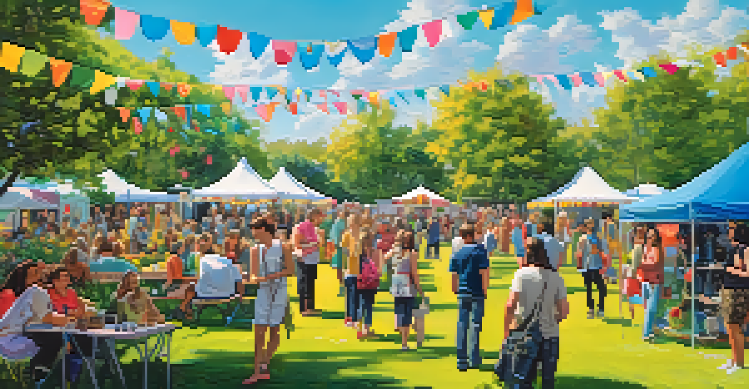 A bustling outdoor art festival in a park with local artists and visitors participating in workshops, surrounded by colorful tents and greenery.