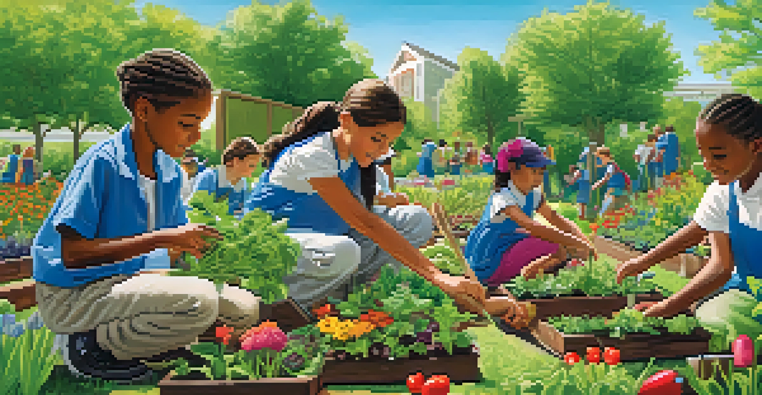 Students of various backgrounds planting flowers and vegetables in a lush school garden under a clear blue sky, with teachers providing guidance.