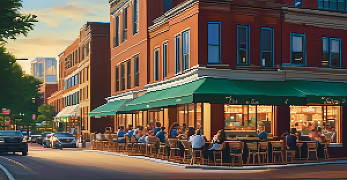 A bustling street in Uptown Charlotte filled with cafes and food trucks, with a beautiful skyline in the background during sunset.