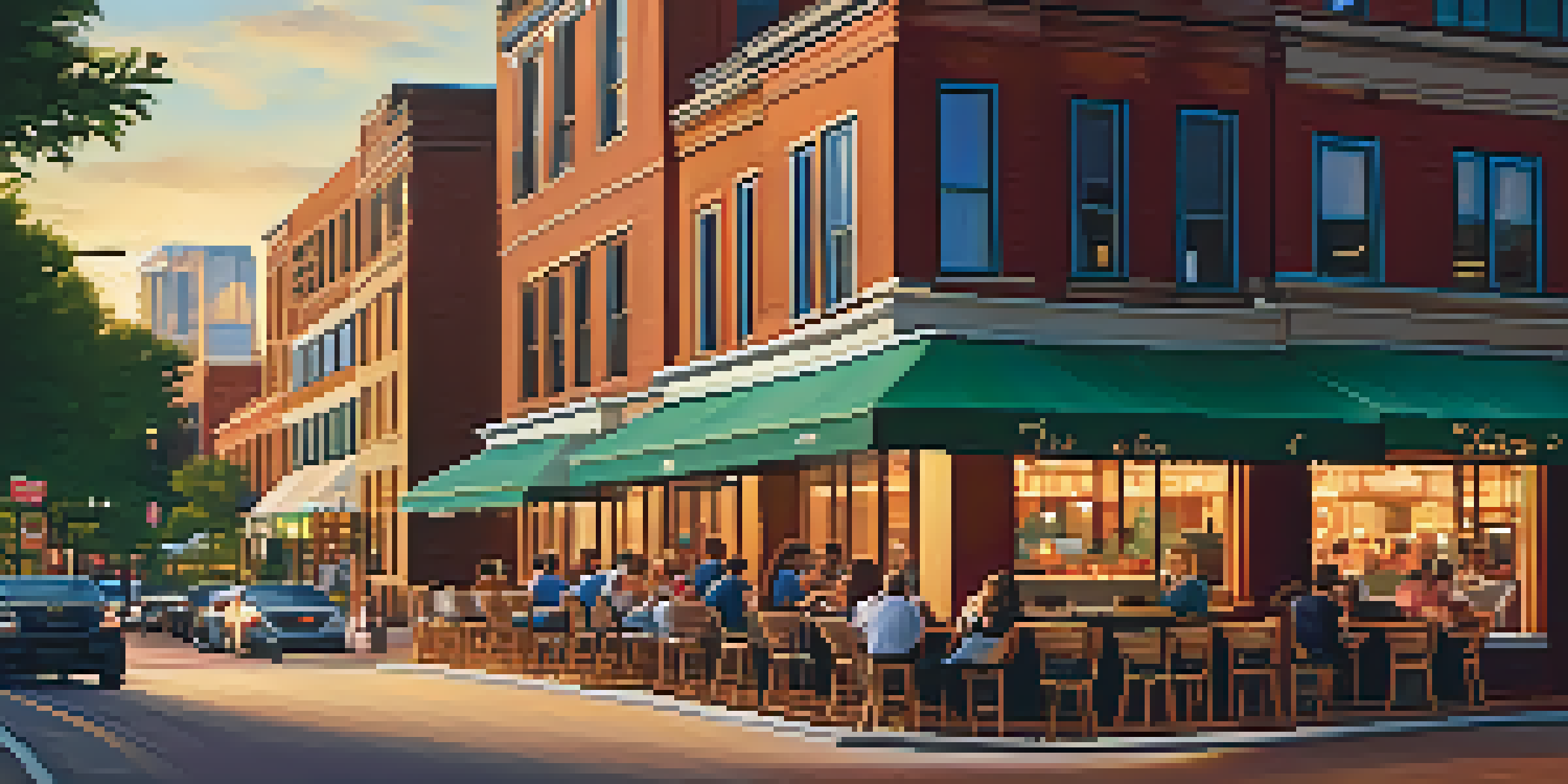 A bustling street in Uptown Charlotte filled with cafes and food trucks, with a beautiful skyline in the background during sunset.