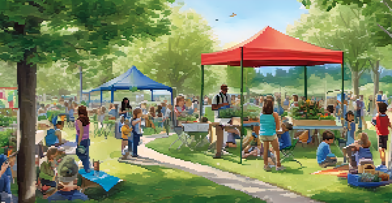 A lively community event in an urban park focused on biodiversity and nature activities.