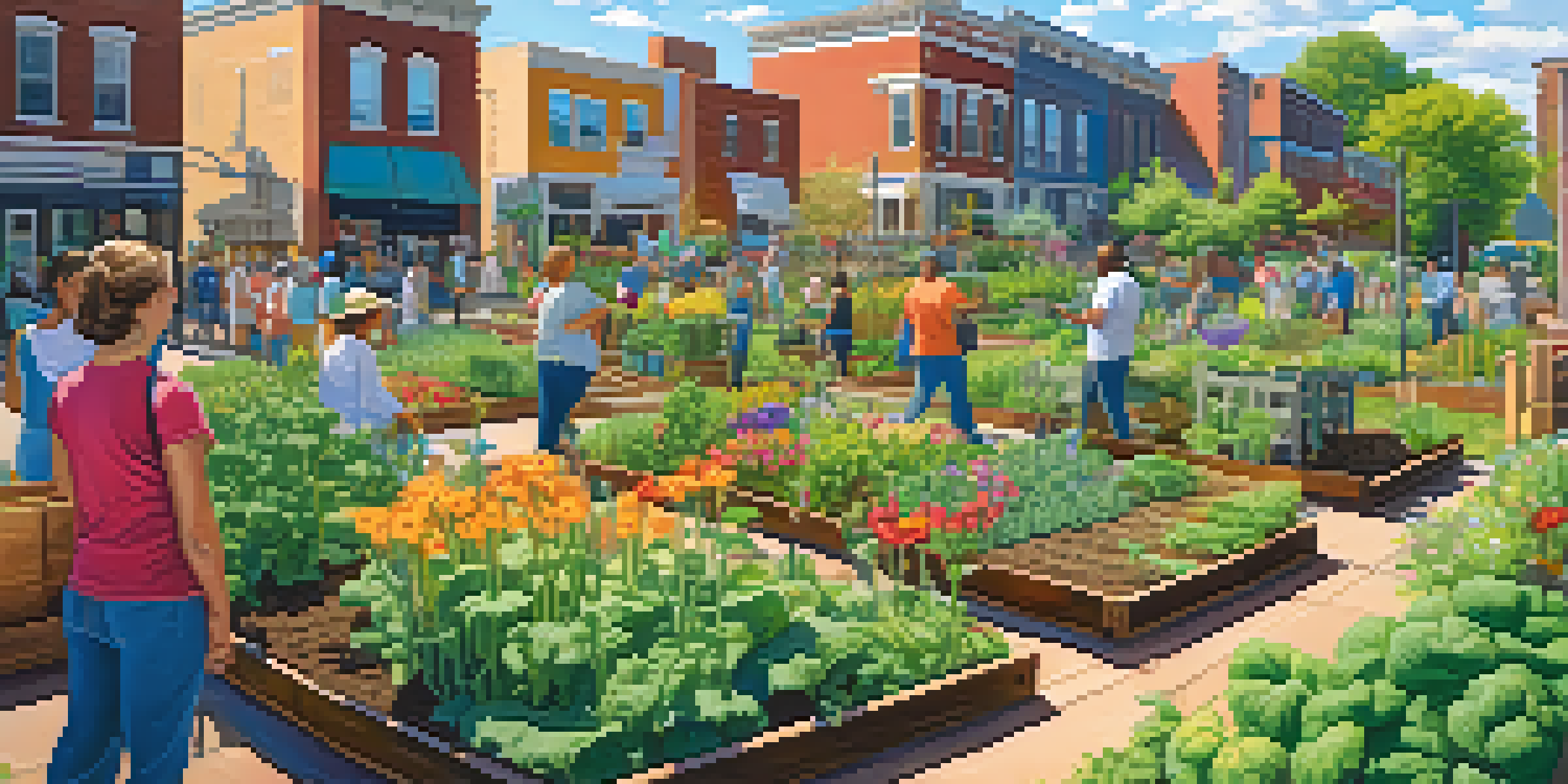 A colorful community garden in Charlotte with people of different backgrounds working together, featuring flowers and vegetables under a sunny blue sky.