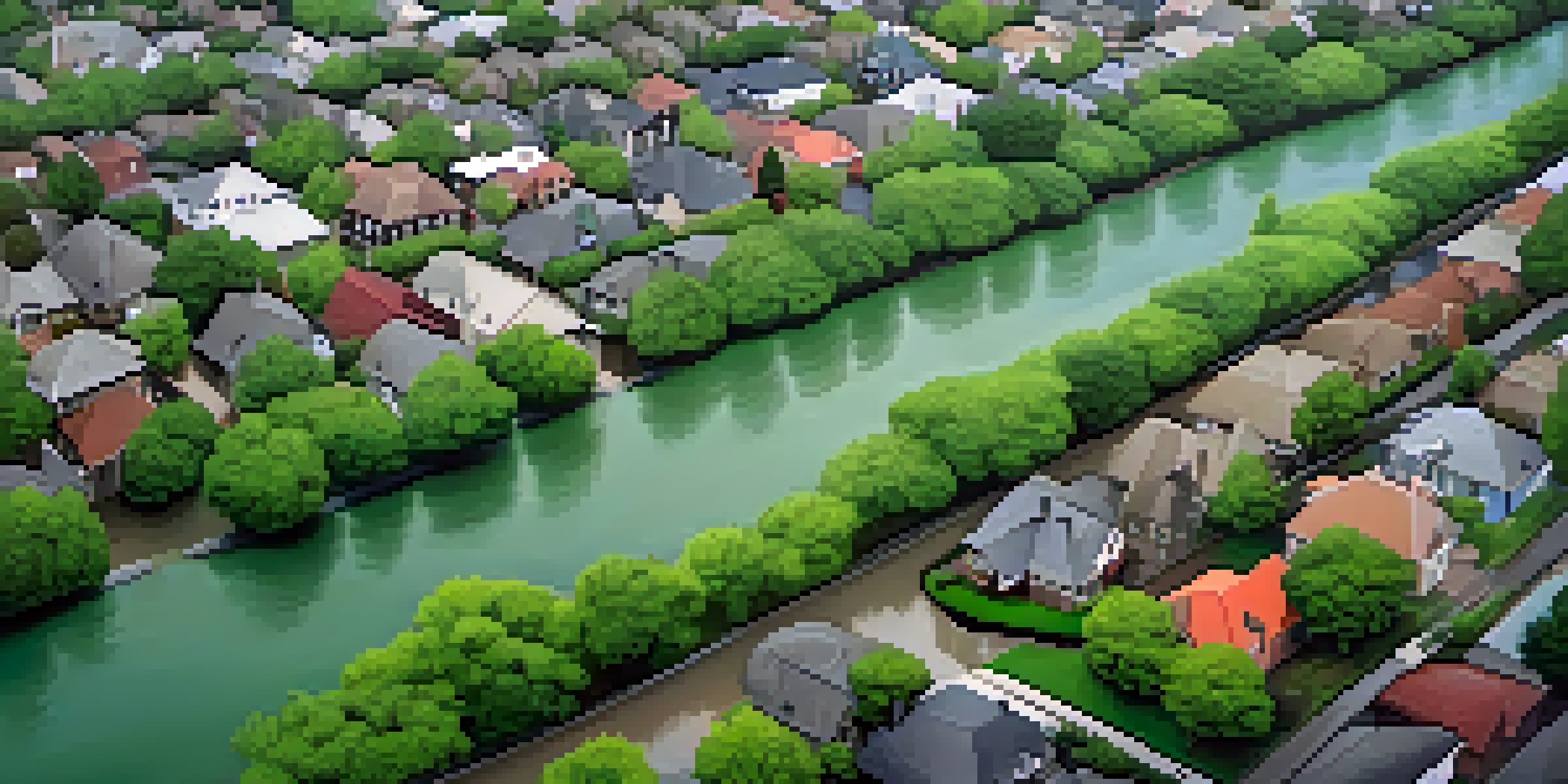 Aerial view of a flood-prone area in Charlotte showing residential homes and green parks surrounded by swollen rivers during heavy rainfall.