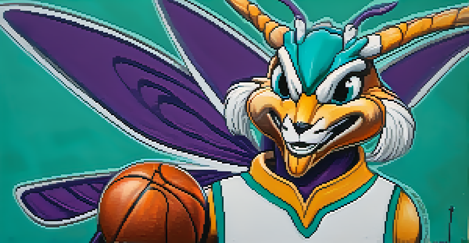 The Charlotte Hornets' mascot in front of the team logo, surrounded by colorful basketball-themed decorations.