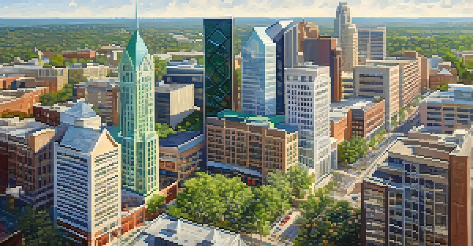 An aerial view of Uptown Charlotte, North Carolina, showcasing a mix of office buildings, retail spaces, and parks, illuminated by the soft morning light.