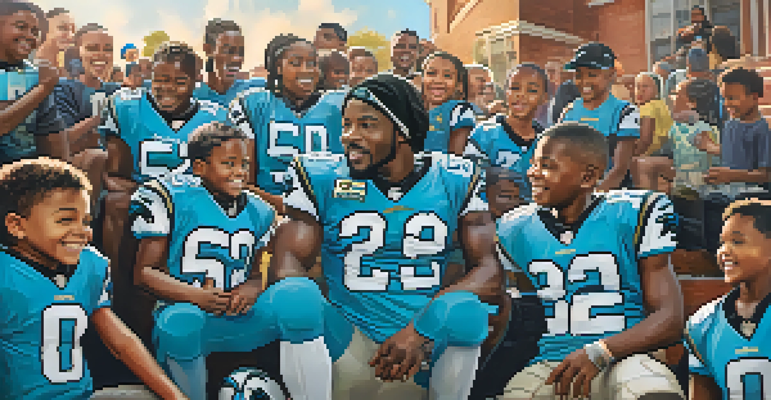 Carolina Panthers players engaging with young fans at a school event, creating a warm and community-focused atmosphere.