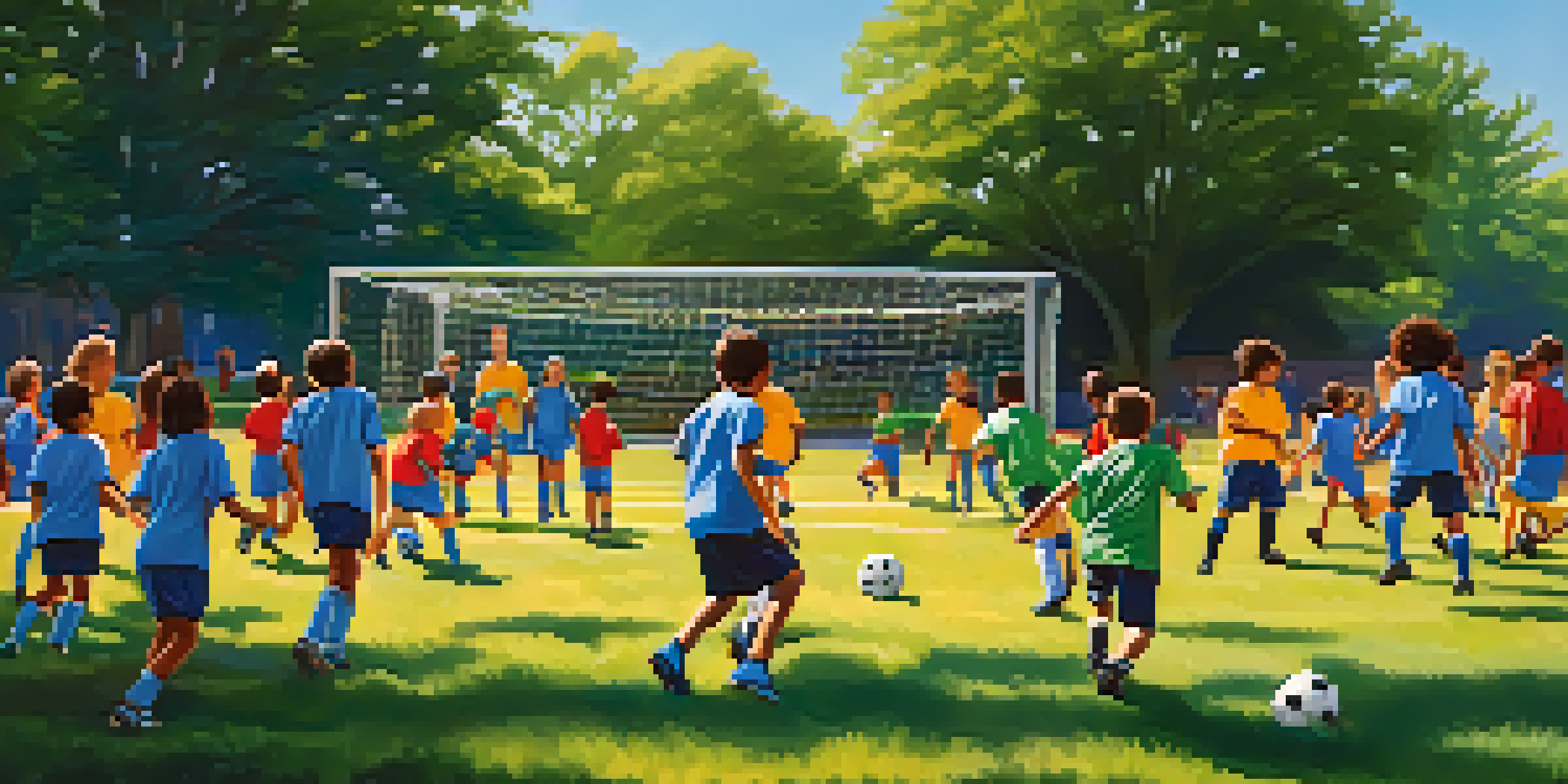 A group of diverse children playing soccer outdoors in a park, with parents cheering in the background.