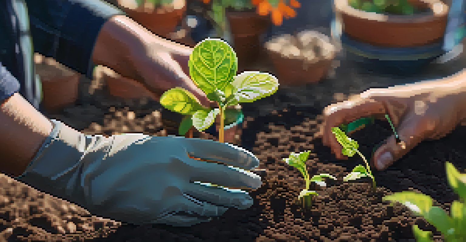 Close-up of hands planting seeds in soil in a community garden, with colorful plants and tools blurred in the background.