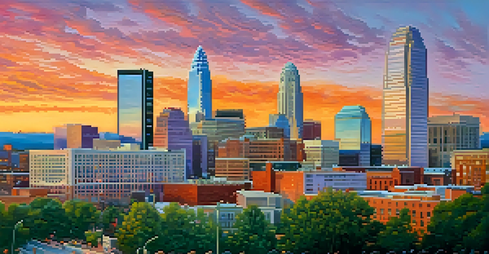 A panoramic view of Charlotte's skyline at sunset with modern skyscrapers and historic buildings under a colorful sky.
