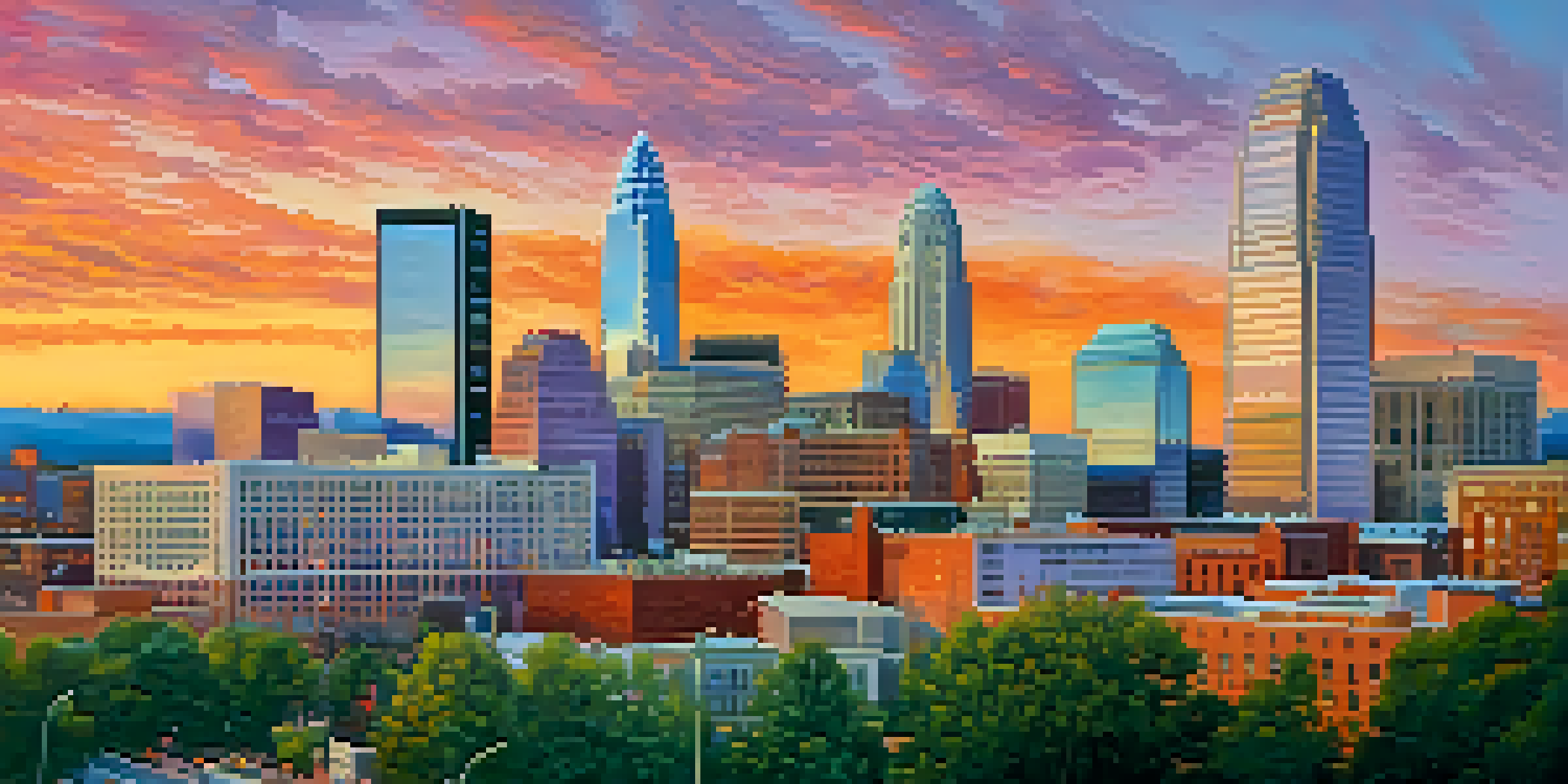 A panoramic view of Charlotte's skyline at sunset with modern skyscrapers and historic buildings under a colorful sky.