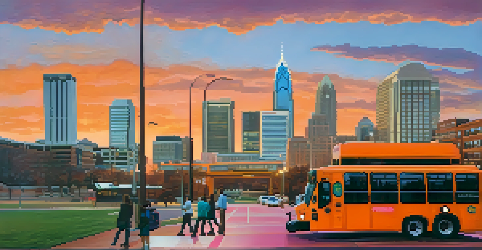 Charlotte skyline at sunset with a public transit bus and people boarding in the foreground.