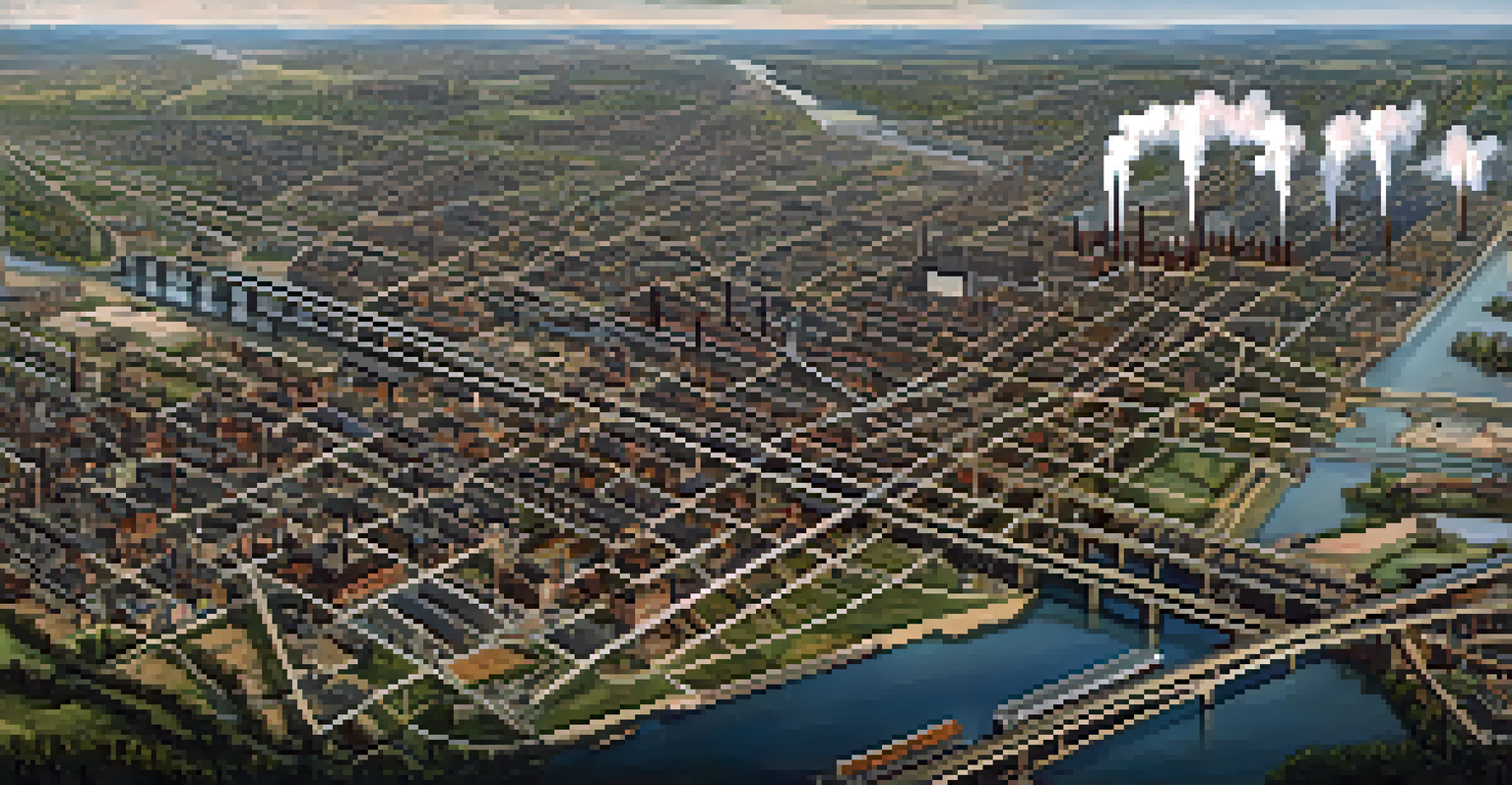 An aerial view of late 19th-century Charlotte, showing an extensive railroad network, textile mills, and newly developed neighborhoods, indicating economic growth.