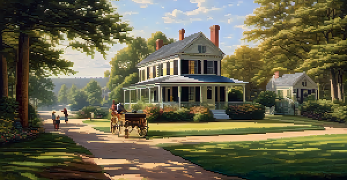 A historical view of Charlotte, North Carolina, showcasing a modest home surrounded by greenery and children playing, representing early 1800s life.