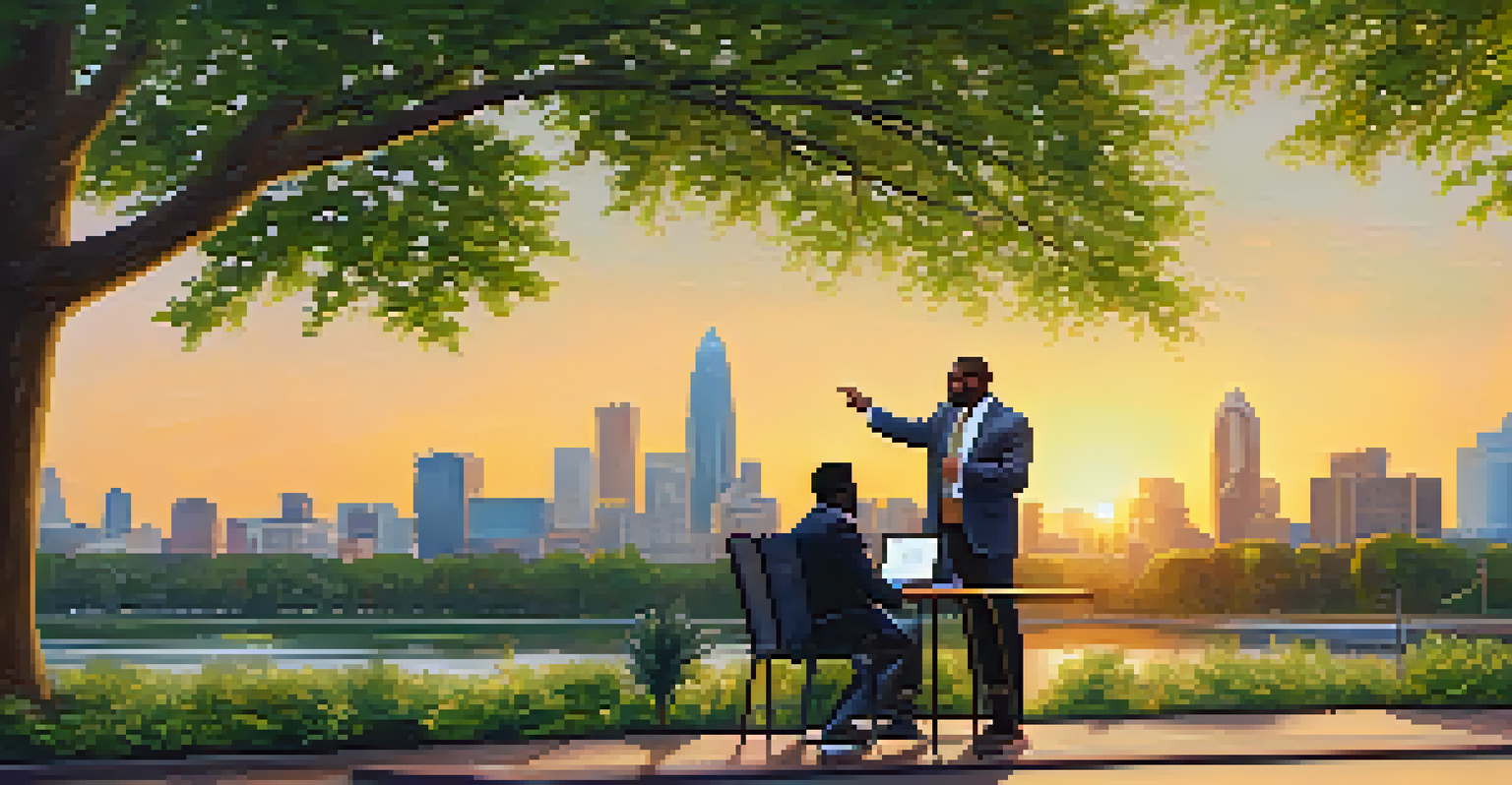 A mentor guiding a minority entrepreneur in a lush Charlotte park, with a laptop and city skyline in the background.