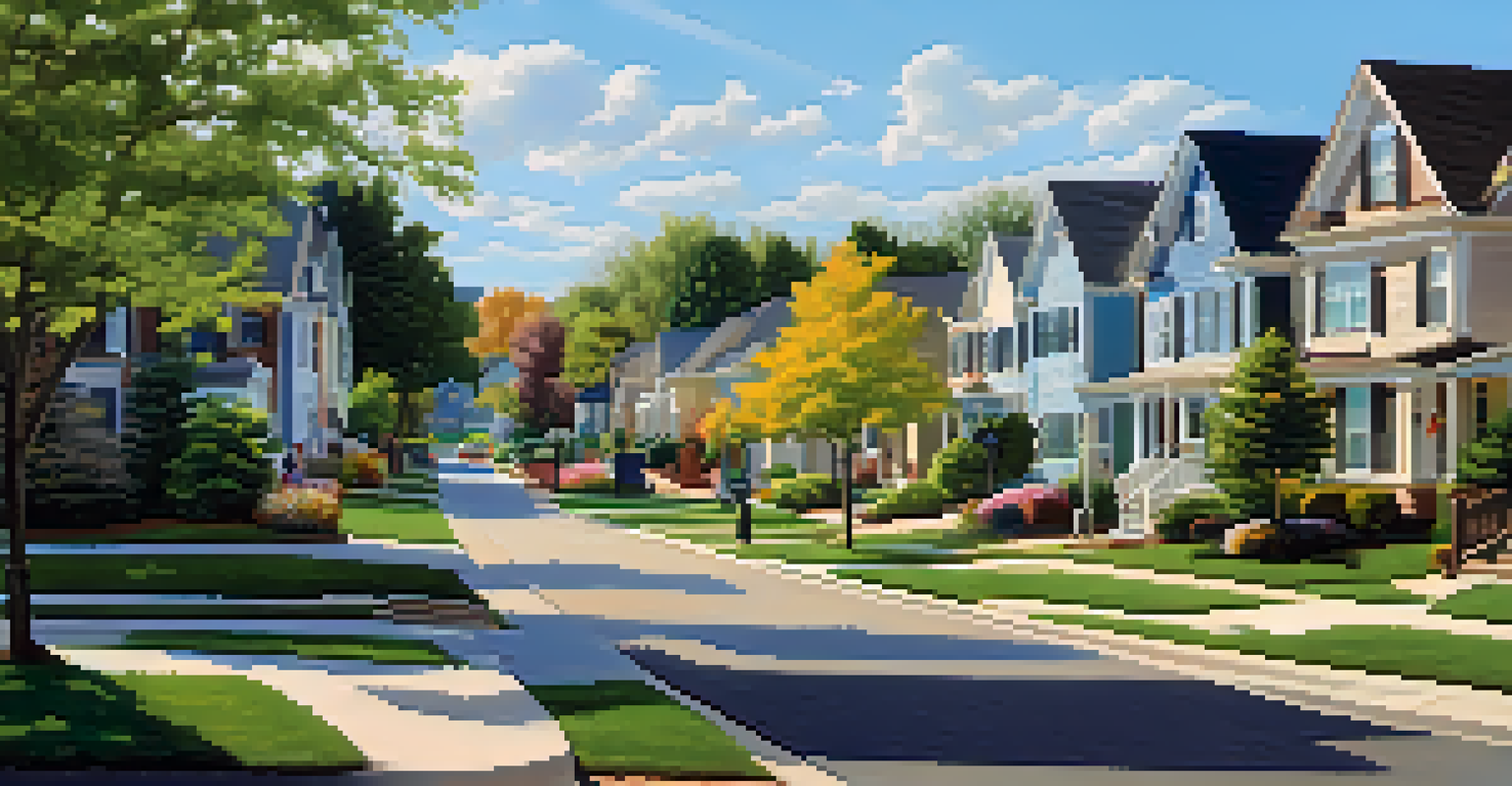 A sunny suburban neighborhood with houses, gardens, and children playing in the street.