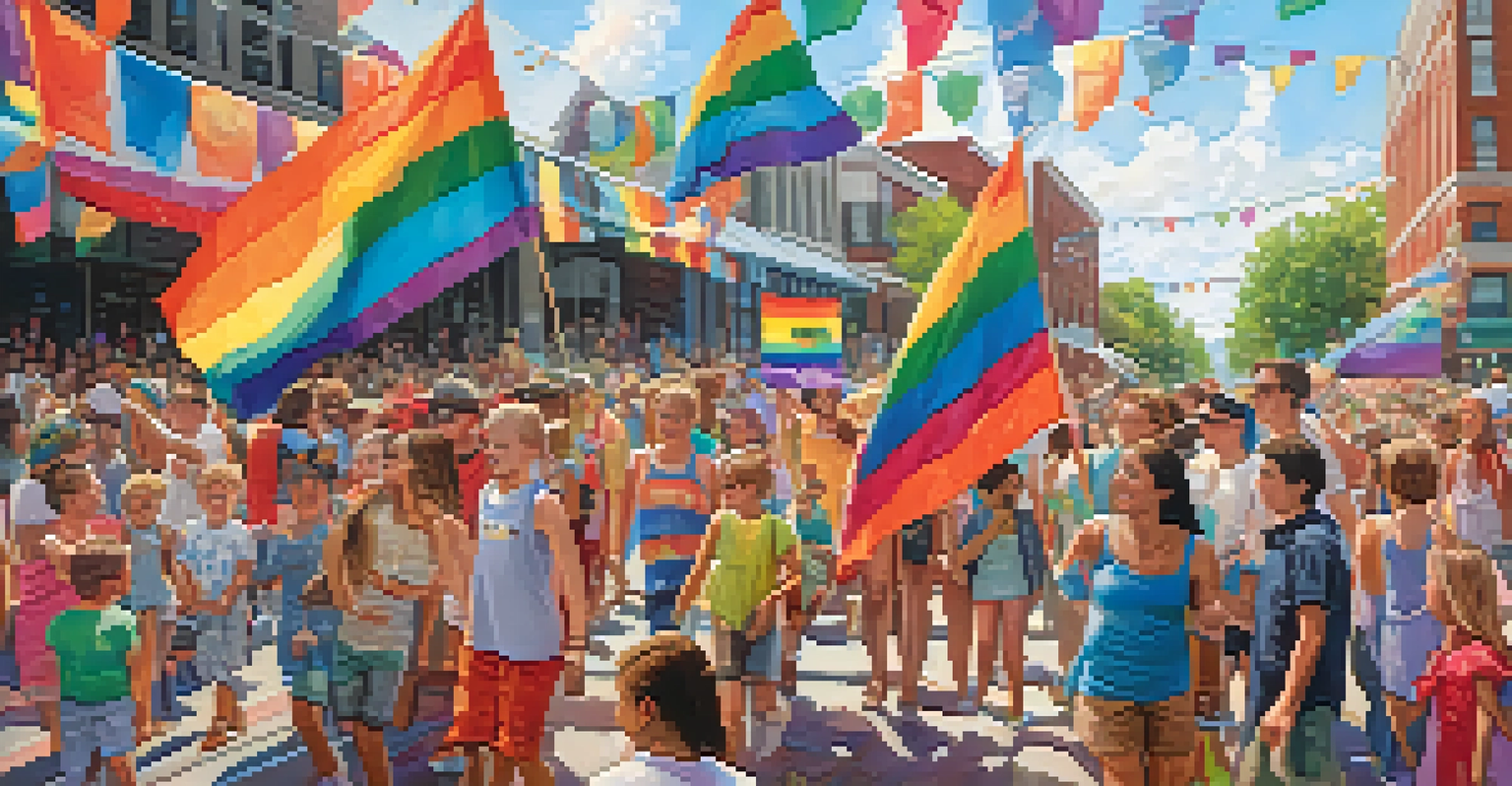 Families participating in the colorful parade at the Charlotte Pride Festival, with banners and children engaged in arts and crafts.