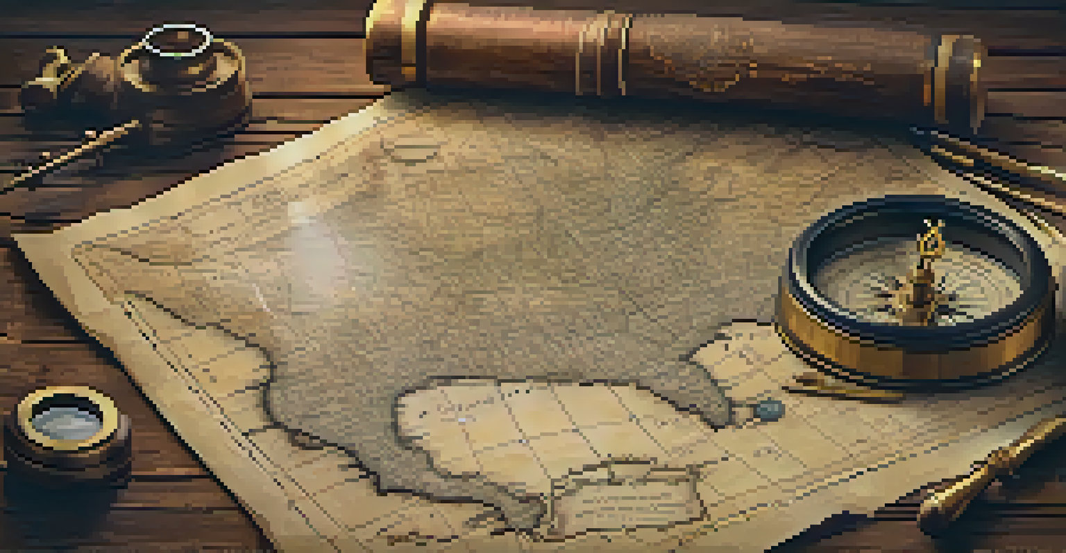 An ancient treasure map with tools like a compass and magnifying glass, set on a wooden table.