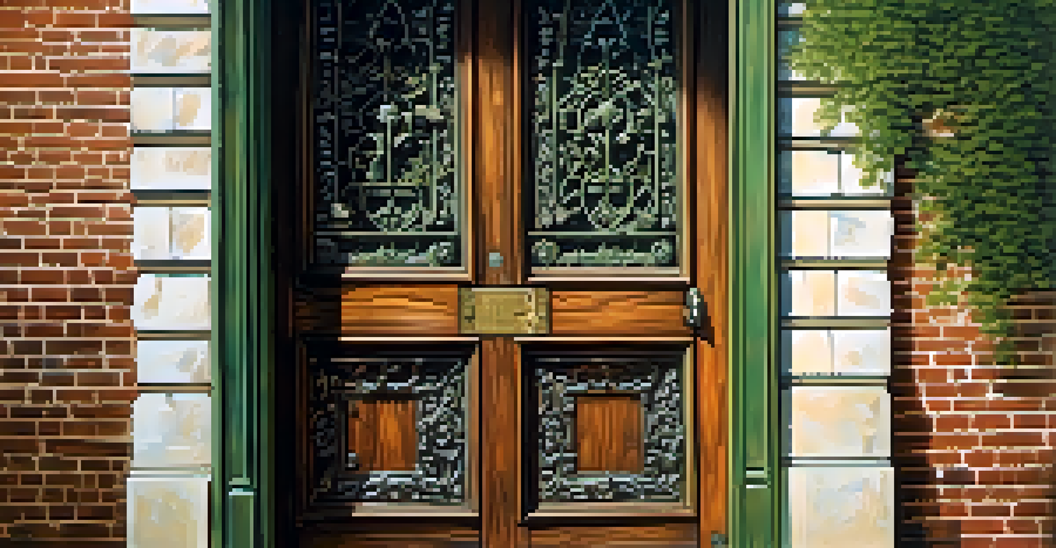 A close-up of an intricately carved antique wooden door on a historic building in Charlotte.