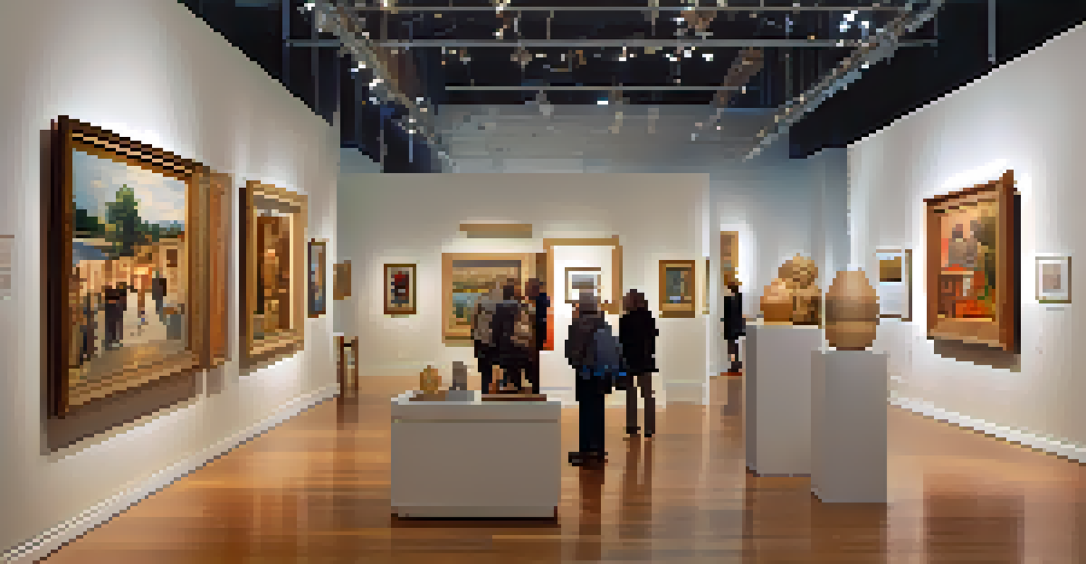 Inside an art gallery in Charlotte featuring diverse artworks and sculptures, with visitors exploring the exhibition.
