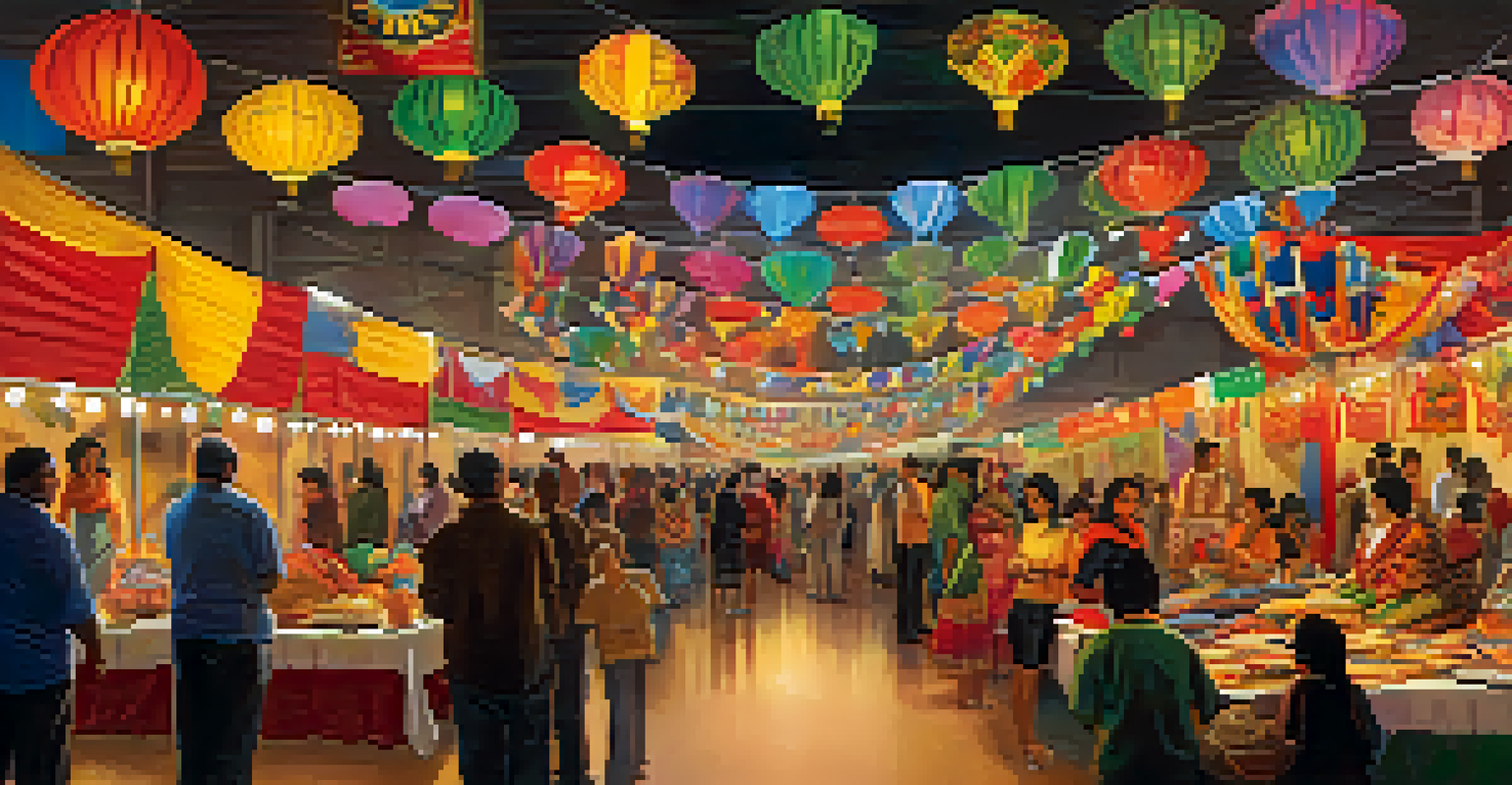 A vibrant indoor cultural festival in Charlotte showcasing booths with crafts, foods, and diverse people interacting.