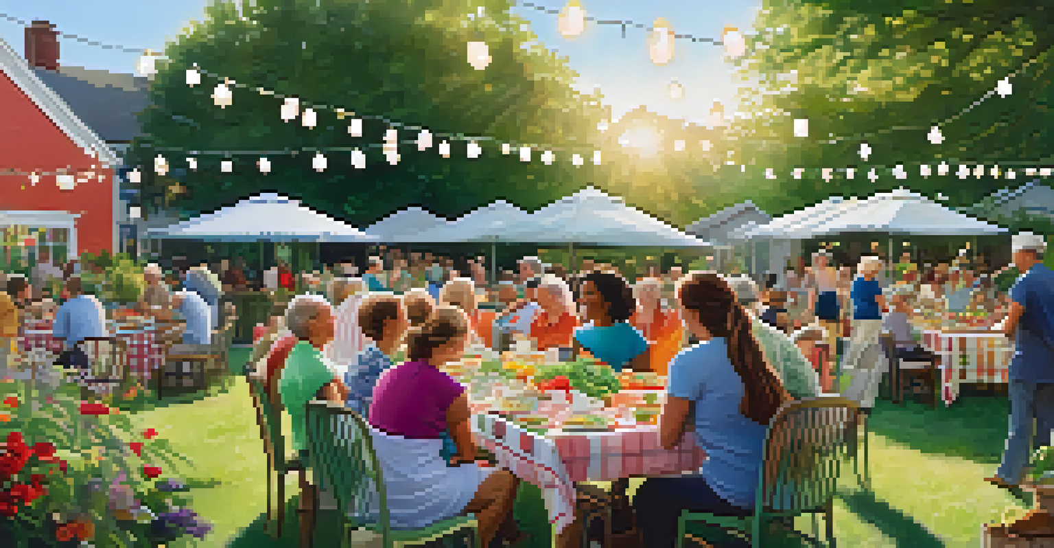Residents enjoying a garden party in a community garden, with food and decorations creating a festive atmosphere.