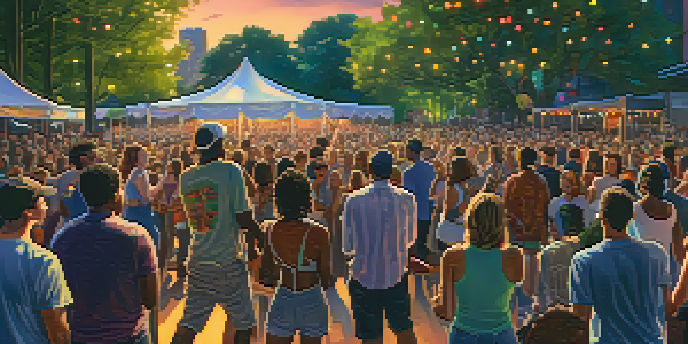 A lively outdoor music festival in Charlotte with an enthusiastic crowd enjoying a performance by musicians on stage, surrounded by colorful lights and nature.