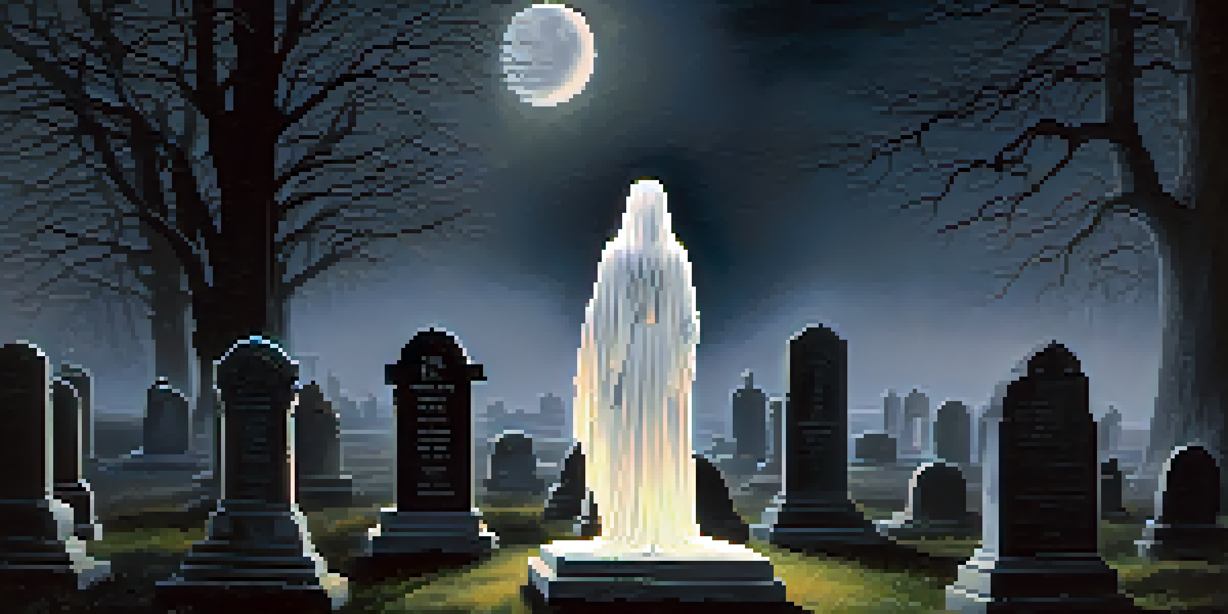 A ghostly figure, the Charlotte Banshee, appears in a misty graveyard under the full moon, surrounded by tombstones.