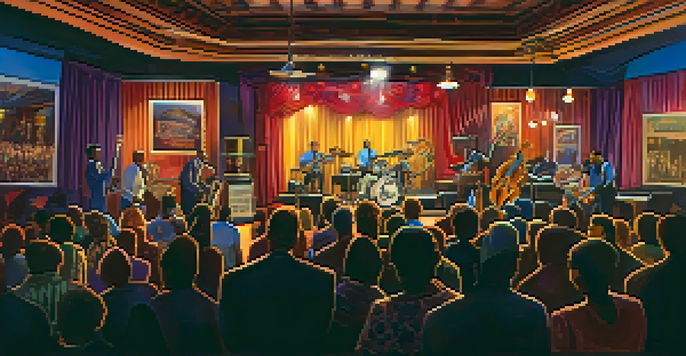 An intimate music venue filled with an engaged audience watching a jazz band perform under colorful lights.