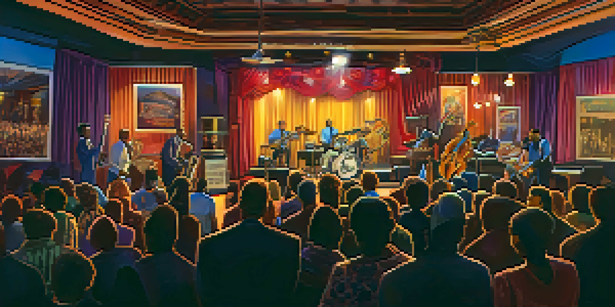 An intimate music venue filled with an engaged audience watching a jazz band perform under colorful lights.