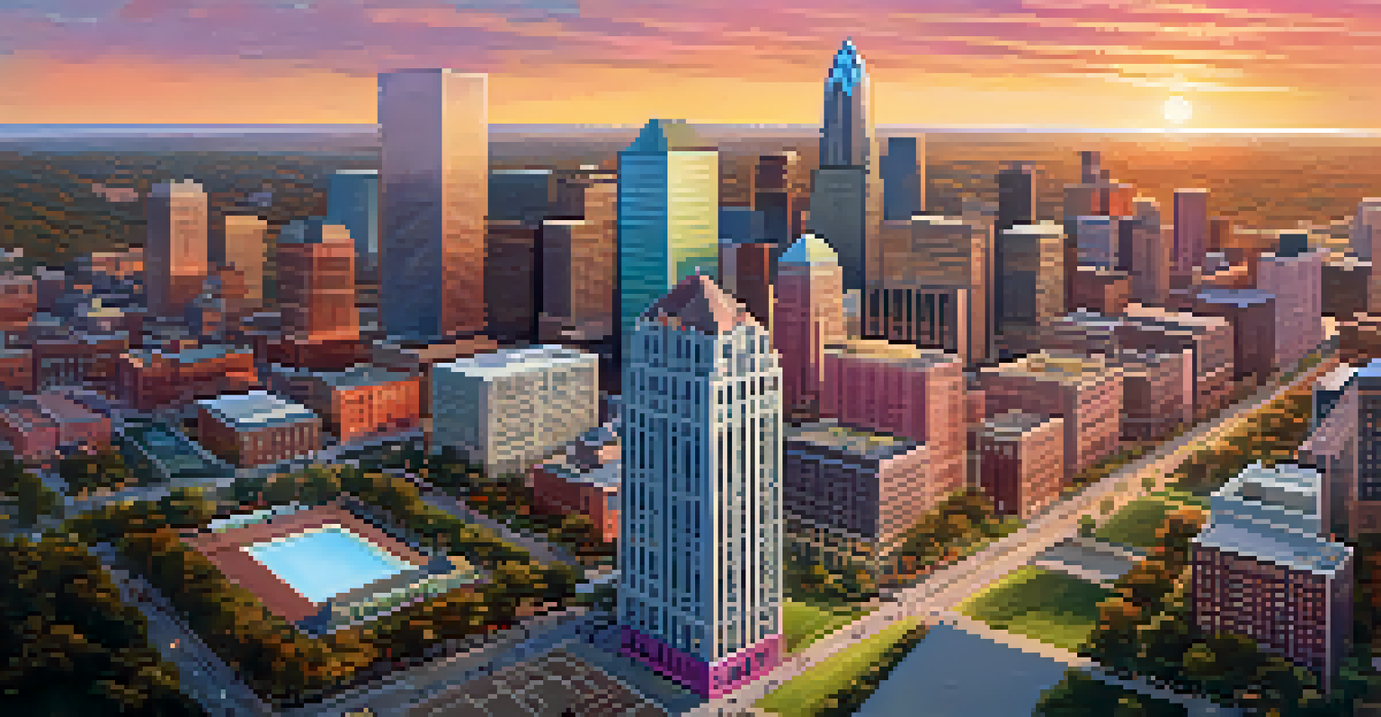 Aerial view of Charlotte, showcasing a mix of modern buildings and historical landmarks during sunset.