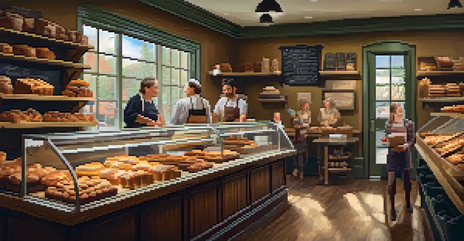 A cozy family-owned bakery with freshly baked goods, warm lighting, and a friendly interaction between a family member and a customer.