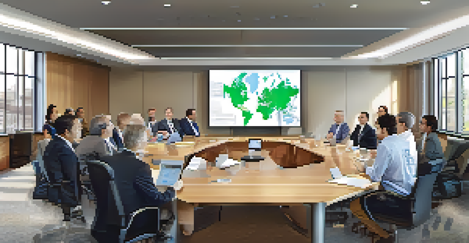 A collaborative meeting in a modern conference room with local business owners and international organization representatives.