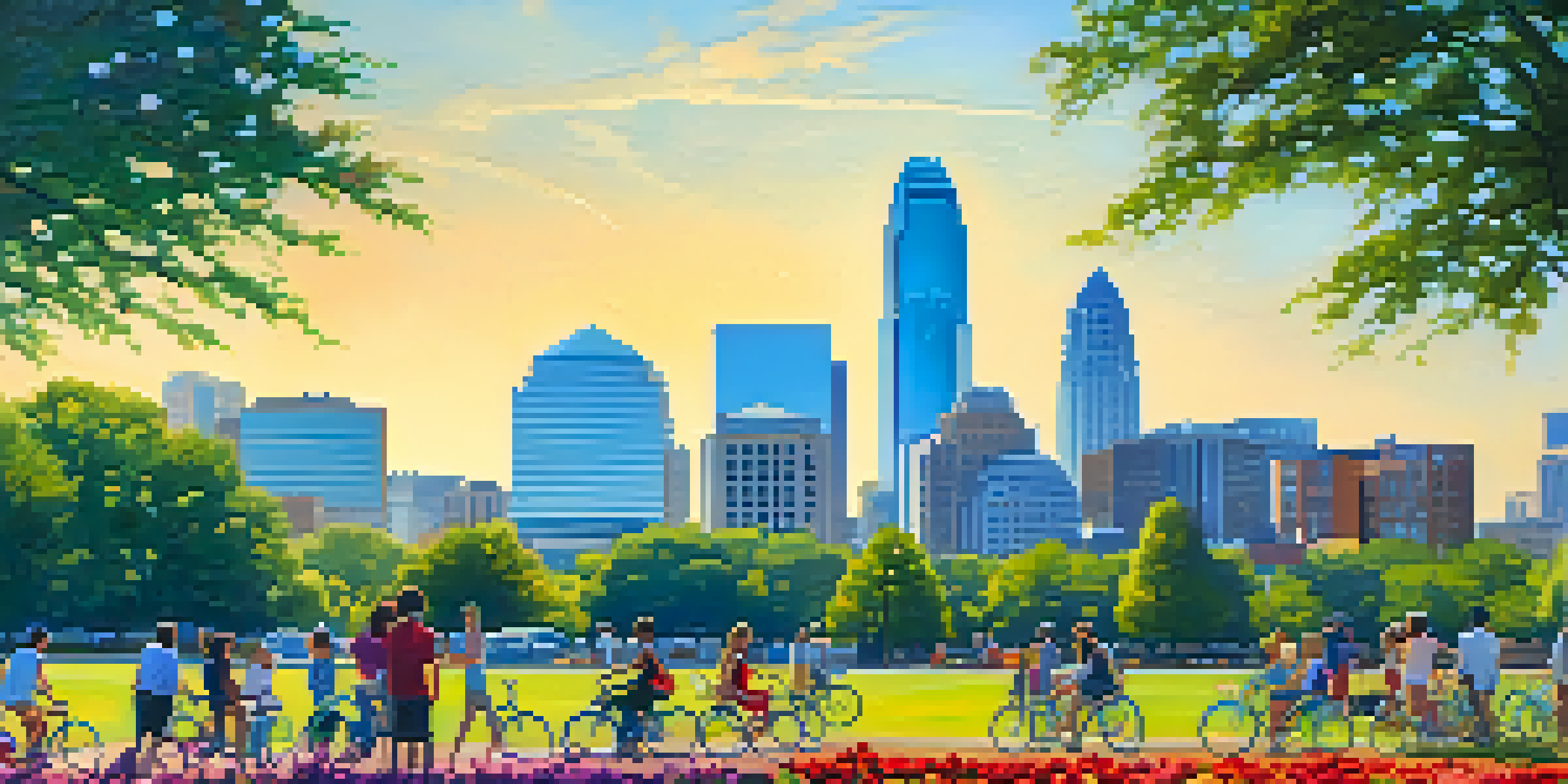 A panoramic view of Charlotte's skyline with a park in the foreground filled with people and colorful flowers.