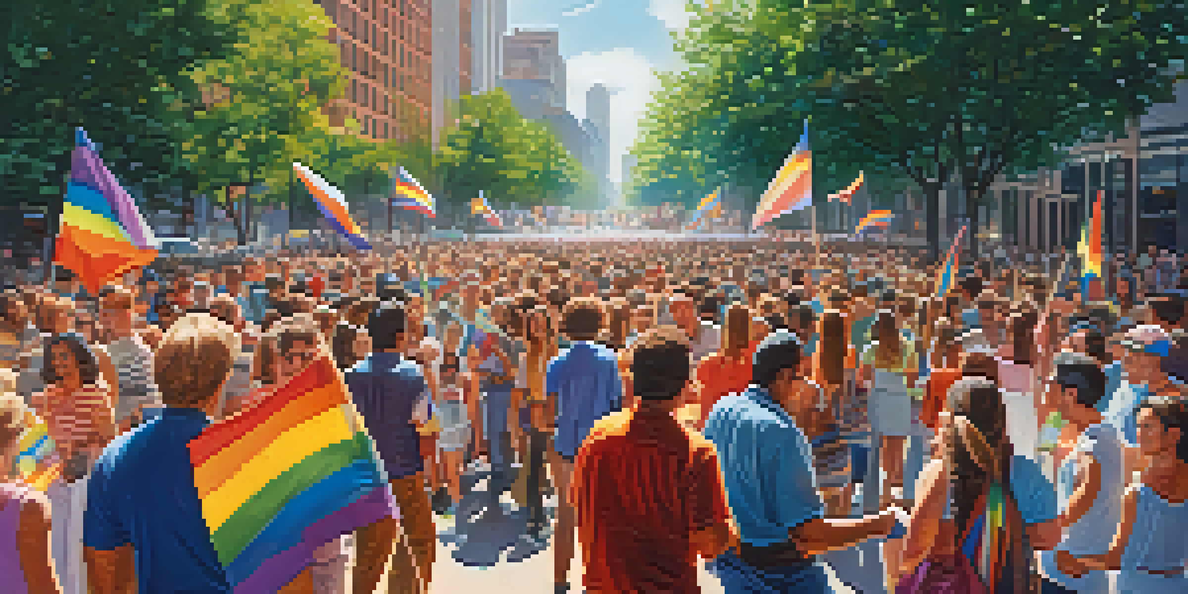 A lively street scene from the first Pride celebration in Charlotte during the 1970s, featuring diverse individuals with colorful banners and flags under warm sunlight.