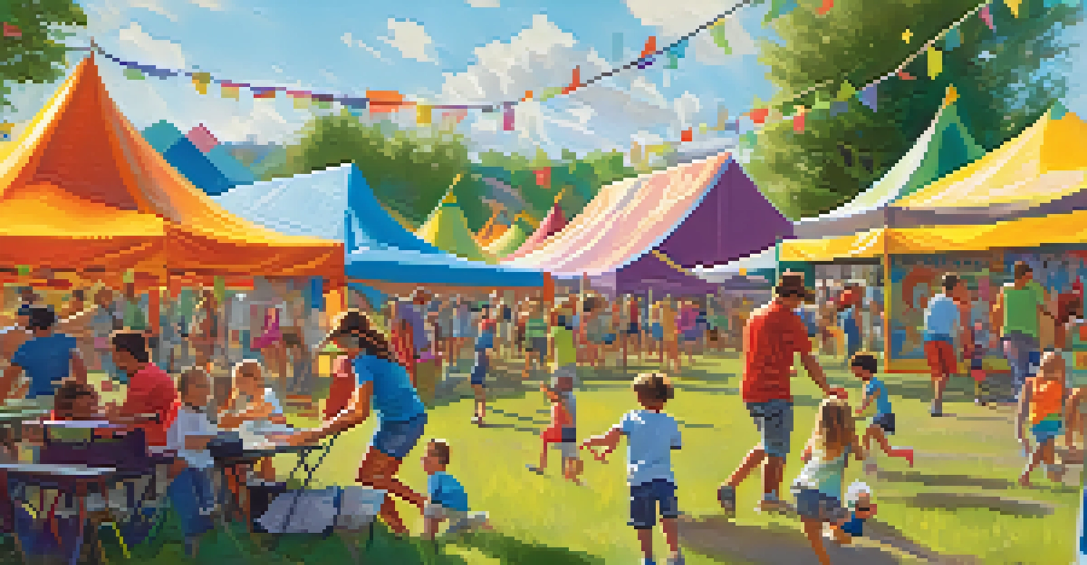 A family-friendly music festival scene with children playing games and parents enjoying live music, filled with colorful tents and happy faces.