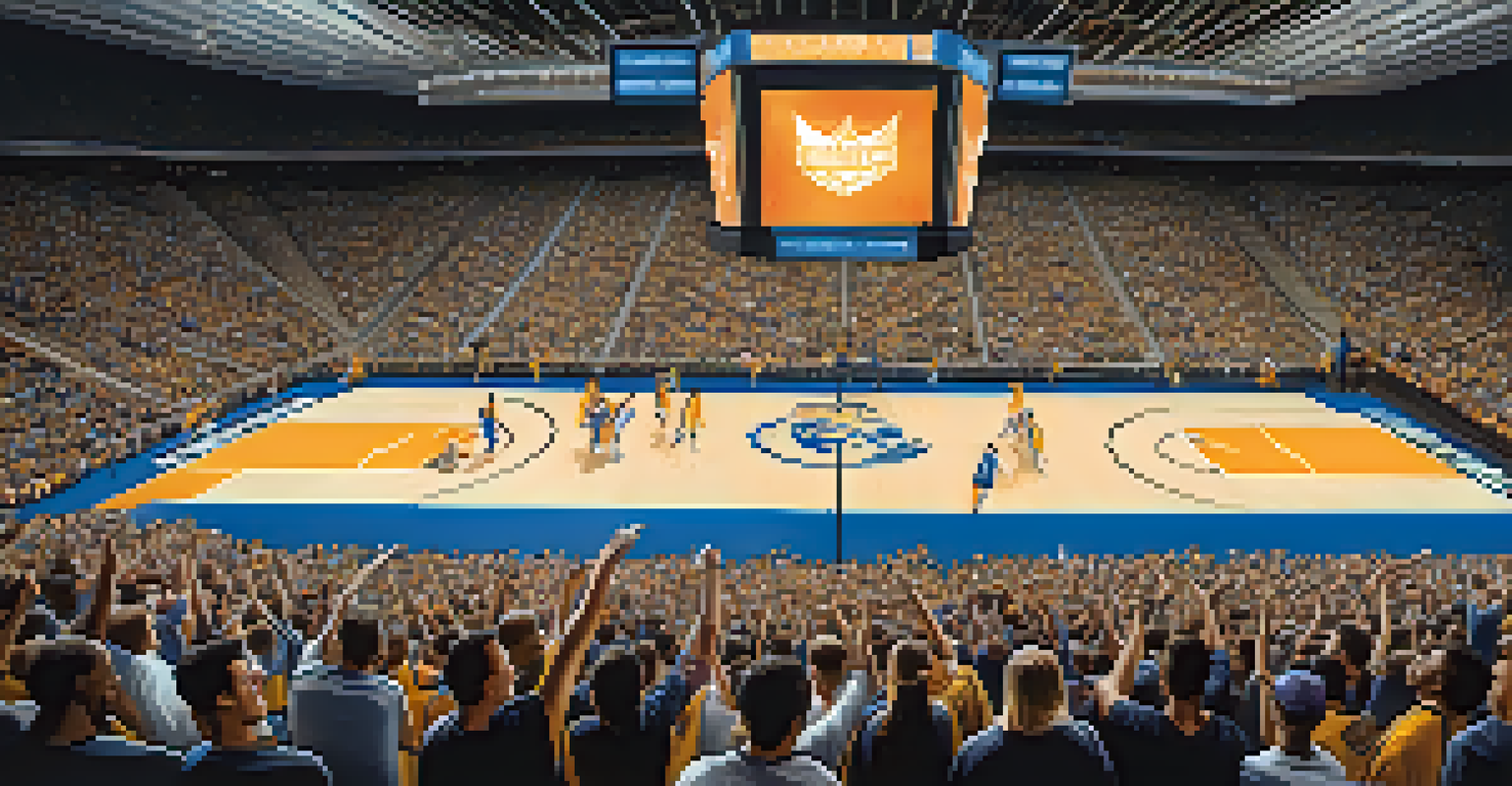 A college basketball game in a packed arena with players and cheering fans.