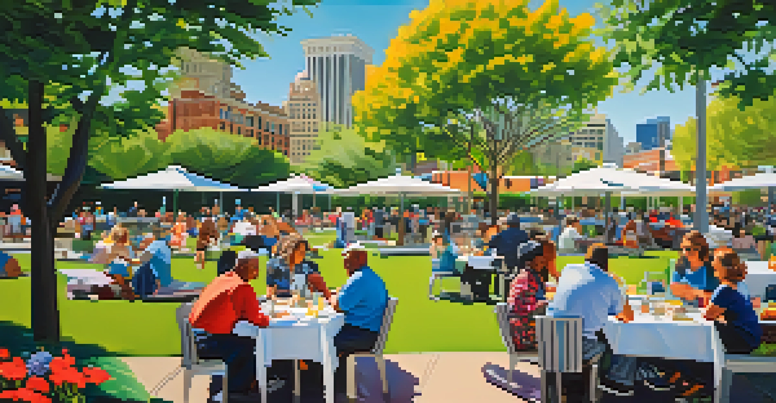 Visitors enjoying a picnic in an urban park surrounded by flowers and art installations.