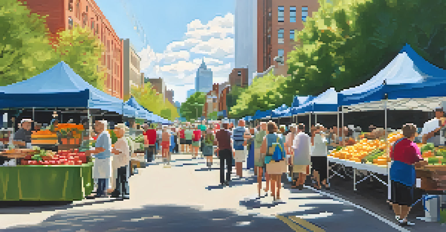 A lively street in Charlotte filled with local produce stalls and residents engaging during a community event under a clear blue sky.