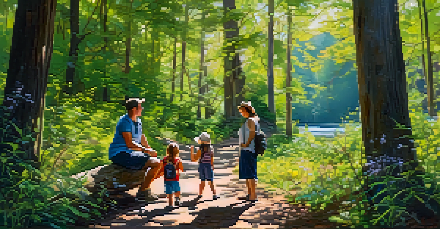A family hiking in Reedy Creek Park, pointing at a bird, with sunlight filtering through the trees.