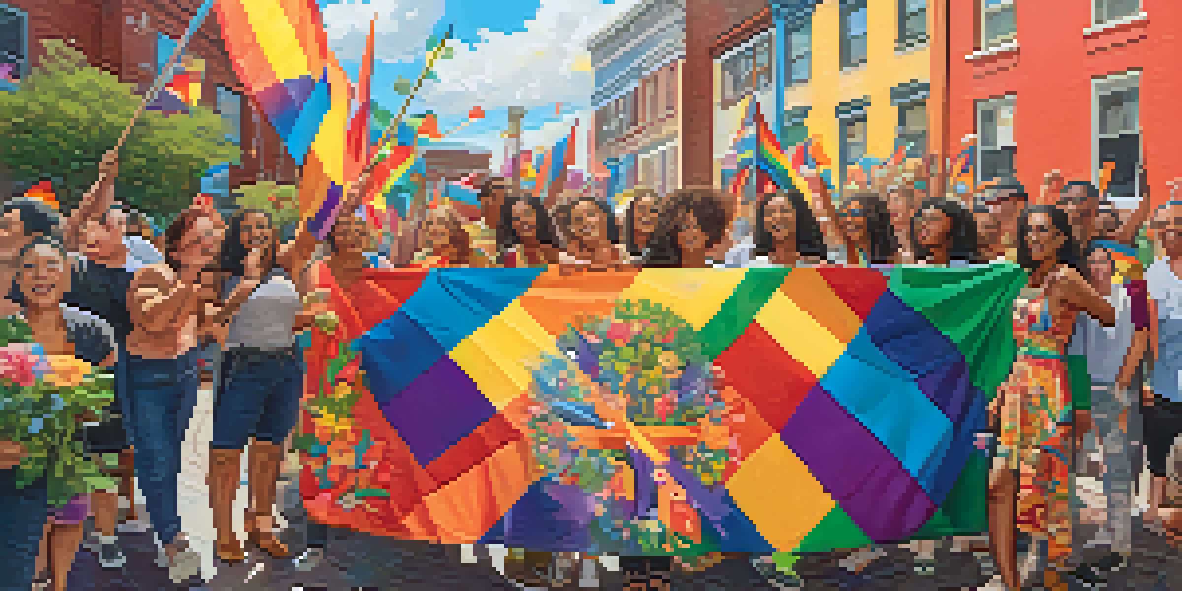 A colorful mural depicting a diverse group of LGBTQ+ individuals celebrating with flags and flowers, radiating joy and unity.